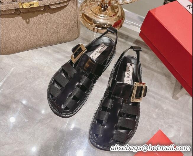 Most Popular Roger Vivier Rangers Calf Leather and Fabric Strap Sandals Black/Gold 323103