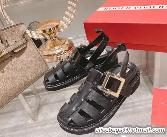 Most Popular Roger Vivier Rangers Calf Leather and Fabric Strap Sandals Black/Gold 323103