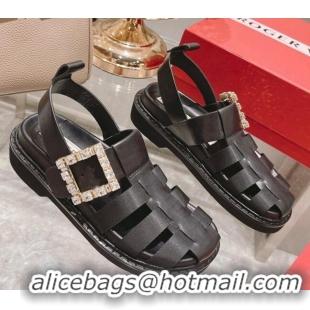 Good Looking Roger Vivier Rangers Calf Leather and Fabric Strap Sandals Black/Crystal 323104