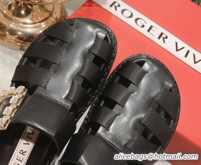 Good Looking Roger Vivier Rangers Calf Leather and Fabric Strap Sandals Black/Crystal 323104