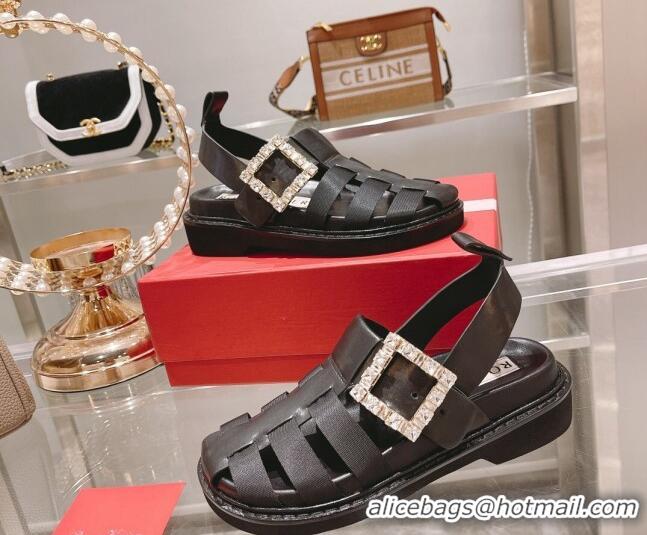 Good Looking Roger Vivier Rangers Calf Leather and Fabric Strap Sandals Black/Crystal 323104