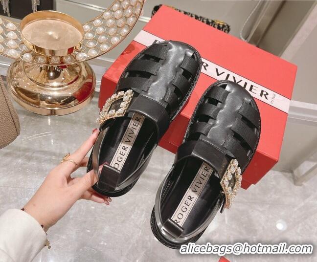 Good Looking Roger Vivier Rangers Calf Leather and Fabric Strap Sandals Black/Crystal 323104