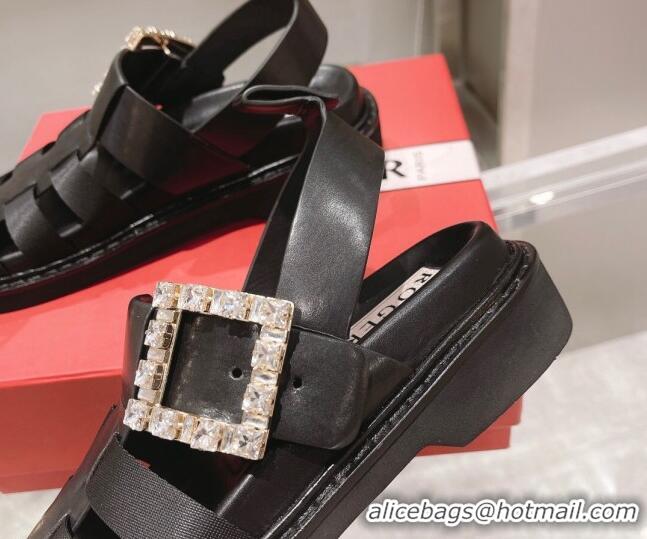 Good Looking Roger Vivier Rangers Calf Leather and Fabric Strap Sandals Black/Crystal 323104