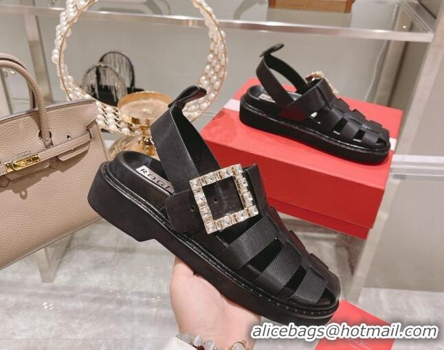 Good Looking Roger Vivier Rangers Calf Leather and Fabric Strap Sandals Black/Crystal 323104