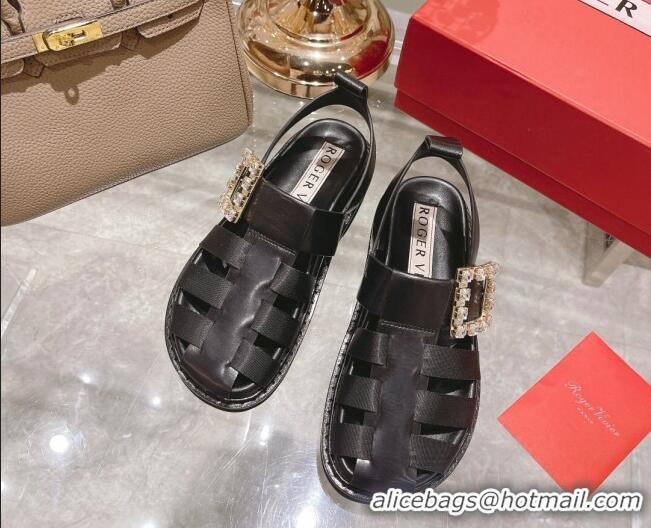 Good Looking Roger Vivier Rangers Calf Leather and Fabric Strap Sandals Black/Crystal 323104