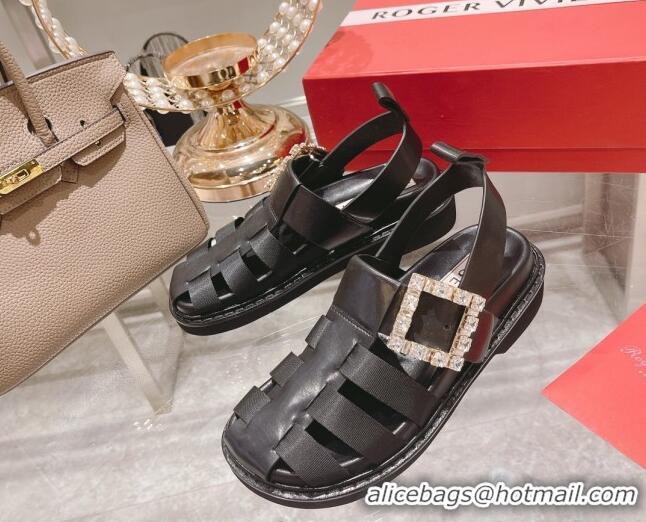 Good Looking Roger Vivier Rangers Calf Leather and Fabric Strap Sandals Black/Crystal 323104