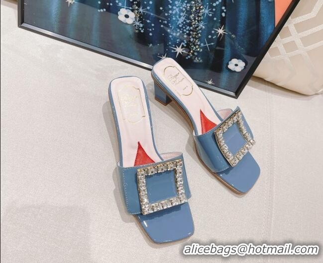 Stylish Roger Vivier Bikini Love Patent Leather Medium Heel Slide Sandals 4.5cm Blue 0425138