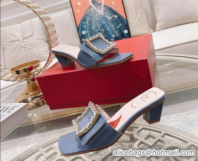 Stylish Roger Vivier Bikini Love Patent Leather Medium Heel Slide Sandals 4.5cm Blue 0425138