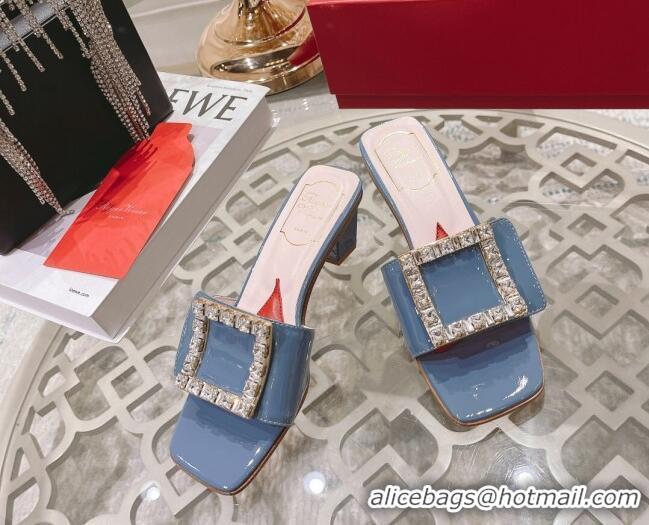 Stylish Roger Vivier Bikini Love Patent Leather Medium Heel Slide Sandals 4.5cm Blue 0425138