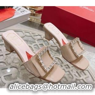 Good Quality Roger Vivier Bikini Love Patent Leather Medium Heel Slide Sandals 4.5cm Apricot 0425139