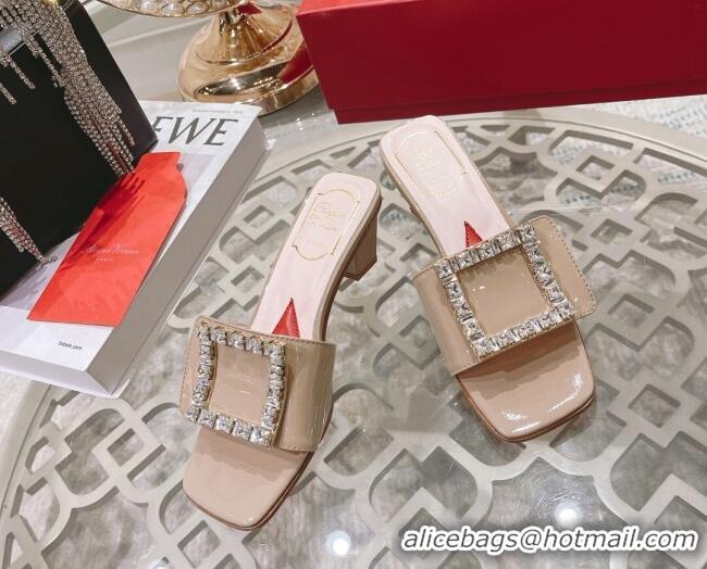 Good Quality Roger Vivier Bikini Love Patent Leather Medium Heel Slide Sandals 4.5cm Apricot 0425139