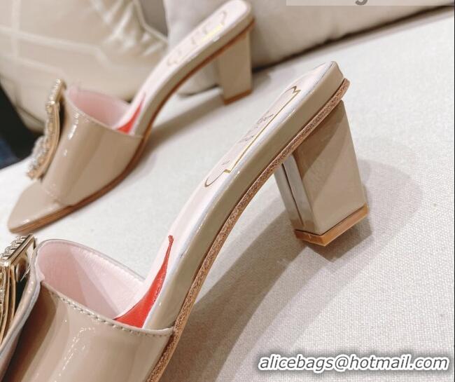 Good Quality Roger Vivier Bikini Love Patent Leather Medium Heel Slide Sandals 4.5cm Apricot 0425139