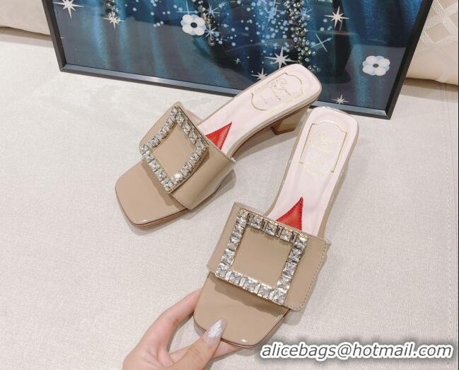 Good Quality Roger Vivier Bikini Love Patent Leather Medium Heel Slide Sandals 4.5cm Apricot 0425139