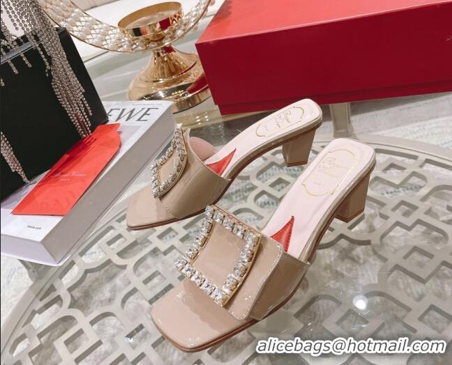 Good Quality Roger Vivier Bikini Love Patent Leather Medium Heel Slide Sandals 4.5cm Apricot 0425139