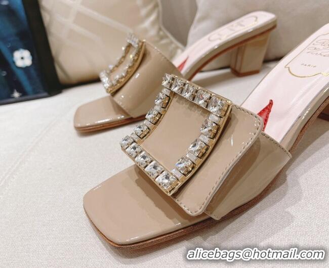 Good Quality Roger Vivier Bikini Love Patent Leather Medium Heel Slide Sandals 4.5cm Apricot 0425139