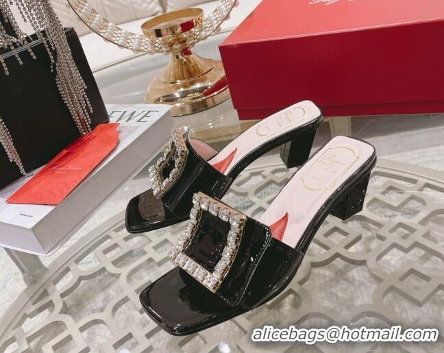 Grade Roger Vivier Bikini Love Patent Leather Medium Heel Slide Sandals 4.5cm Black 0425140