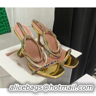 Classic Hot Amina Muaddi Patent Leather Colored Crystal Strap High Heel Sandals 9.5cm Gold 032421