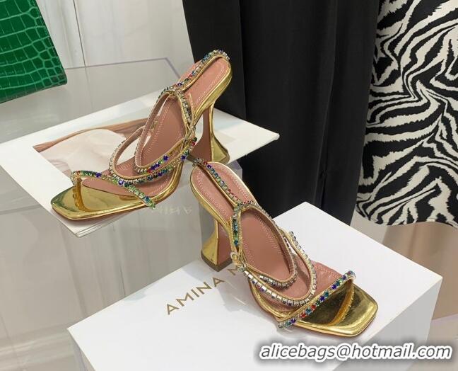 Classic Hot Amina Muaddi Patent Leather Colored Crystal Strap High Heel Sandals 9.5cm Gold 032421