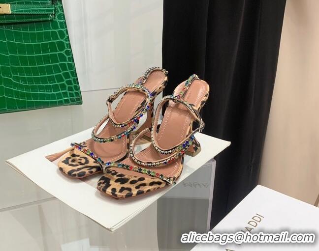 Stylish Amina Muaddi Animal Print Colored Crystal Strap High Heel Sandals 9.5cm 032424