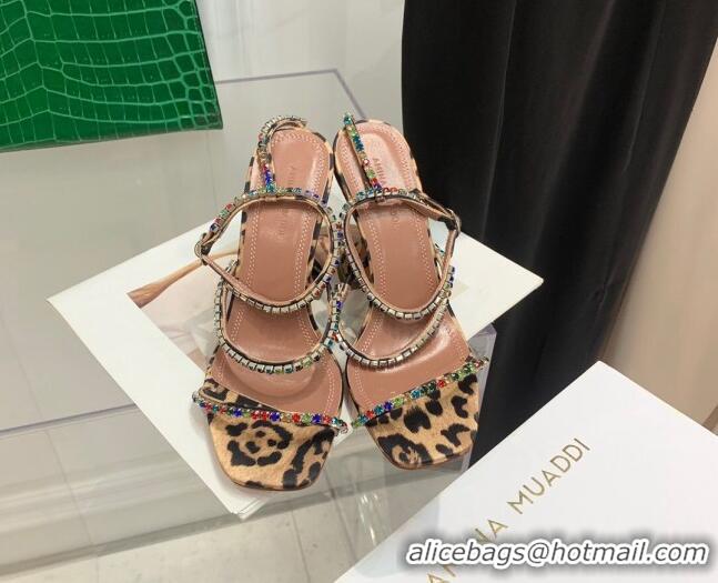 Stylish Amina Muaddi Animal Print Colored Crystal Strap High Heel Sandals 9.5cm 032424