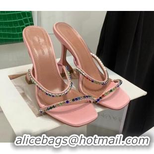 Good Looking Amina Muaddi Silk Colored Crystal High Heel Slide Sandals 9.5cm Pink 032426