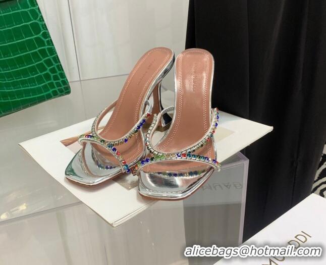 Good Quality Amina Muaddi Patent Leather Colored Crystal High Heel Slide Sandals 9.5cm Silver 032428