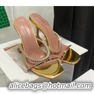 Classic Amina Muaddi Patent Leather Colored Crystal High Heel Slide Sandals 9.5cm Gold 032429