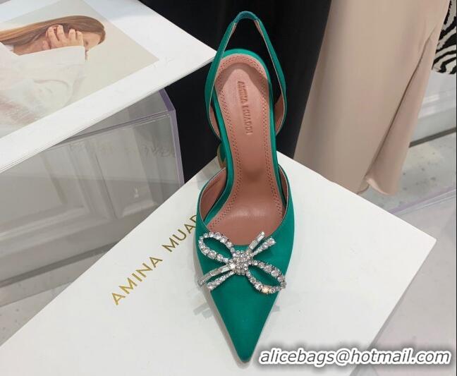 Stylish Amina Muaddi Silk High Heel Open Pumps 9.5cm Green 032445