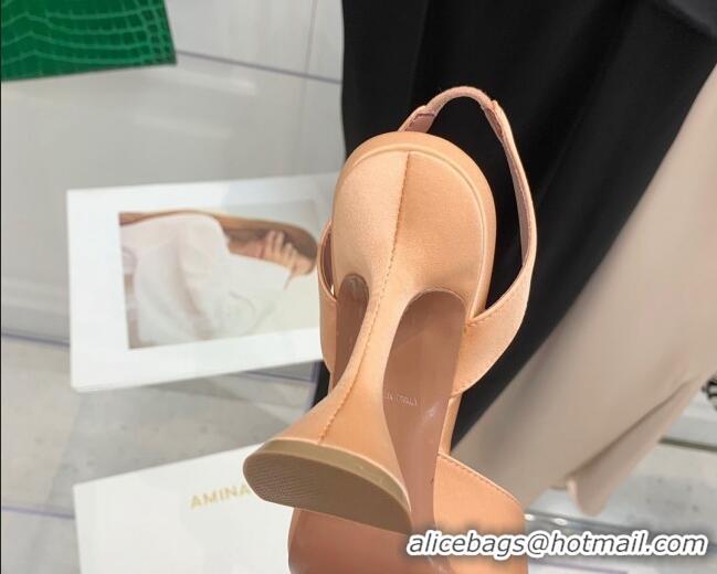 Perfect Amina Muaddi Silk High Heel Open Pumps 9.5cm Peach Pink 032450