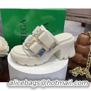 Perfect Bottega Veneta Flash Padded Fabric Heel Slide Sandals with Buckle 8cm White 042132