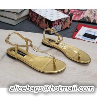 Good Quality Dolce & Gabbana DG Calfskin Thong Sandals Gold 042208