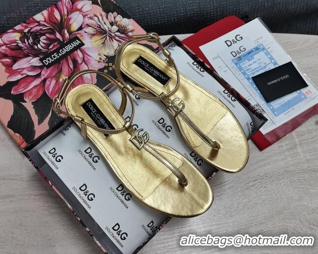 Good Quality Dolce & Gabbana DG Calfskin Thong Sandals Gold 042208