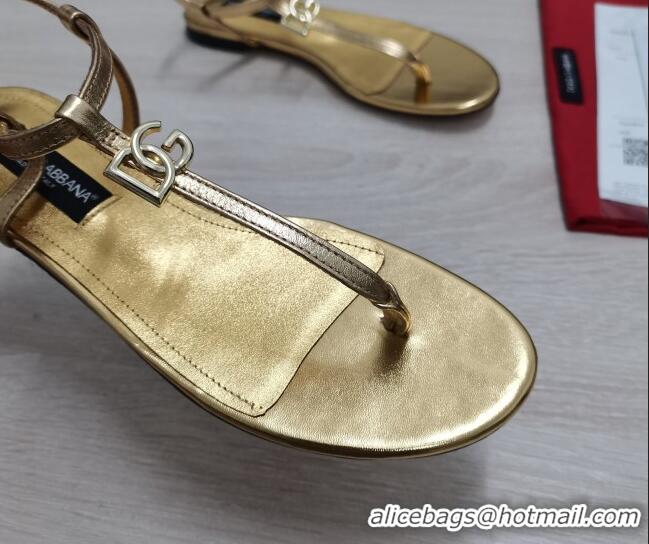 Good Quality Dolce & Gabbana DG Calfskin Thong Sandals Gold 042208