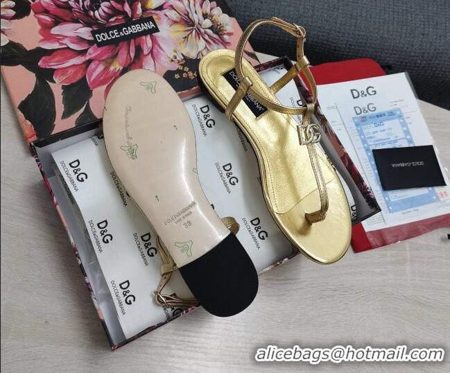 Good Quality Dolce & Gabbana DG Calfskin Thong Sandals Gold 042208