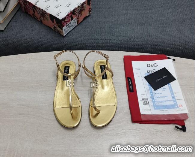 Good Quality Dolce & Gabbana DG Calfskin Thong Sandals Gold 042208