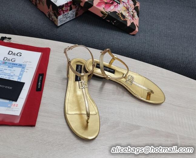 Good Quality Dolce & Gabbana DG Calfskin Thong Sandals Gold 042208