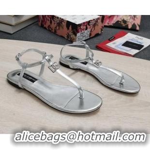 Best Grade Dolce & Gabbana DG Calfskin Thong Sandals Silver 042207