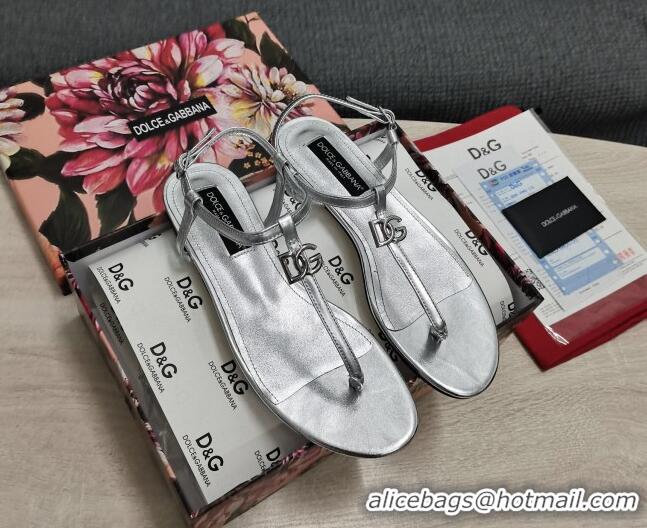 Best Grade Dolce & Gabbana DG Calfskin Thong Sandals Silver 042207