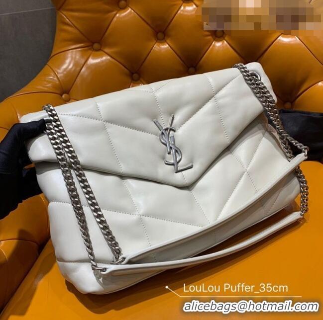 Shop Grade Saint Laurent Loulou Puffer Medium Bag in Quilted Lambskin 577475 White