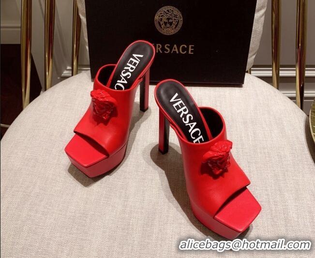 Stylish Versace Calfskin Platform Slide Sandals 14cm Red 031944