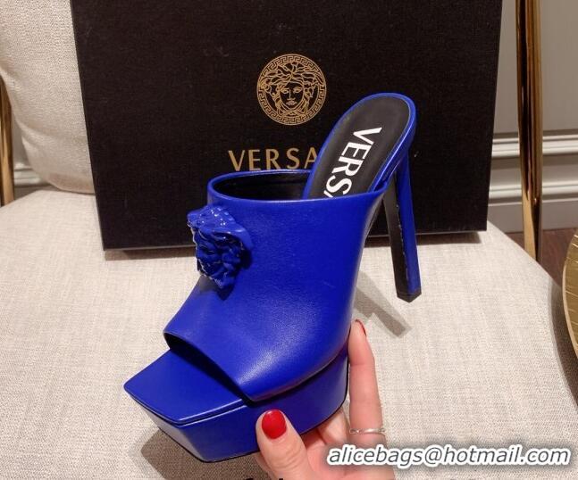 Popular Style Versace Calfskin Platform Slide Sandals 14cm Blue 031947