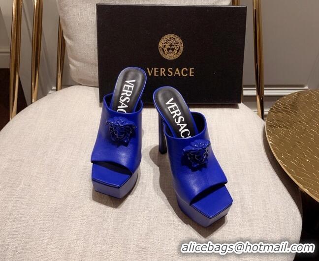 Popular Style Versace Calfskin Platform Slide Sandals 14cm Blue 031947