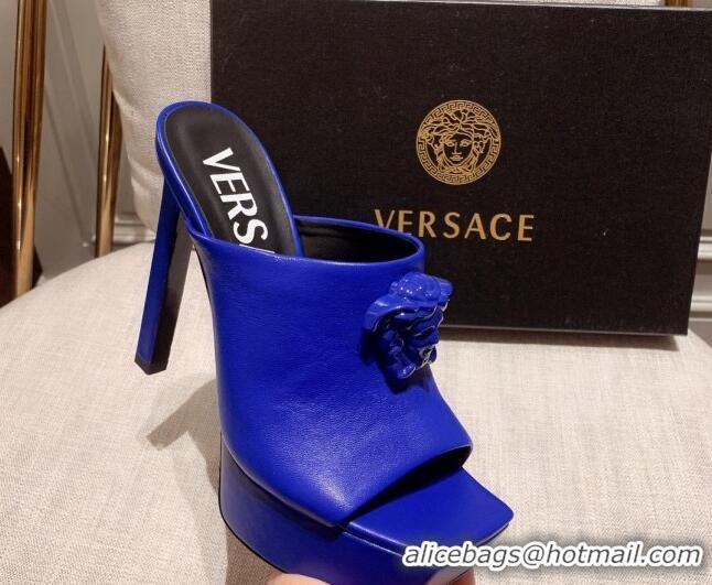 Popular Style Versace Calfskin Platform Slide Sandals 14cm Blue 031947