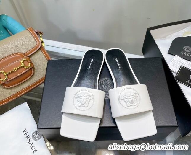 Luxurious Versace Lambskin Flat Side Sandals White 032634