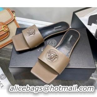 Good Quality Versace Lambskin Flat Side Sandals Taupe 032642