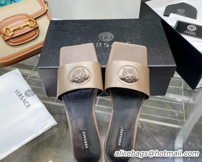 Good Quality Versace Lambskin Flat Side Sandals Taupe 032642