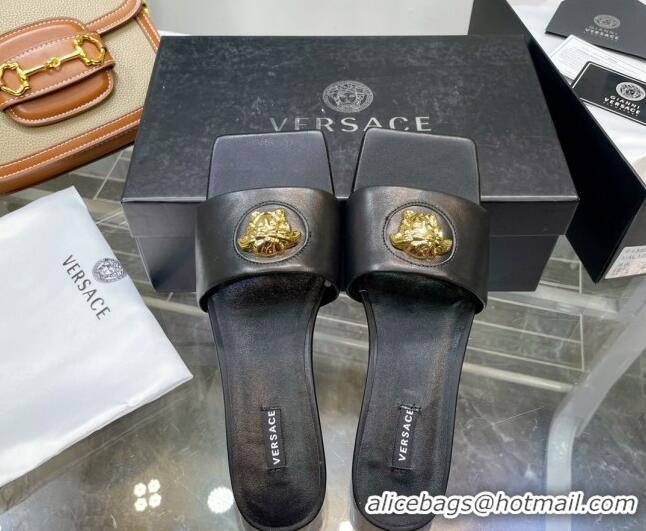 Top Grade Versace Lambskin Flat Side Sandals Black/Gold 032643