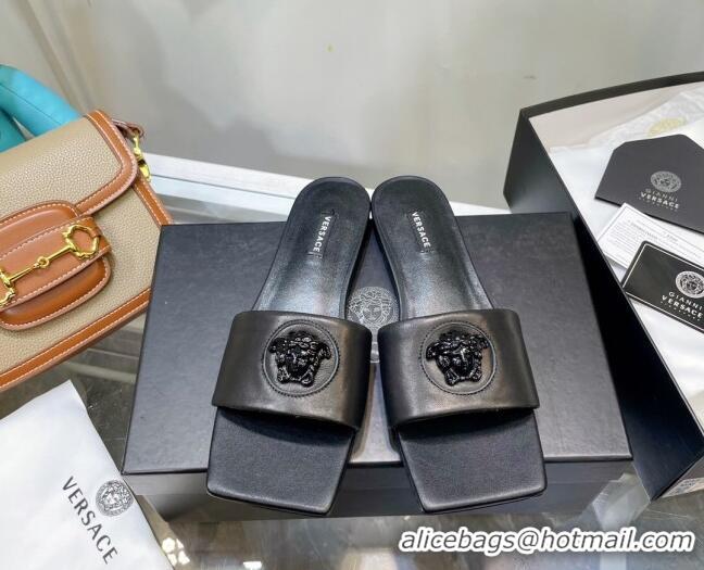 Pretty Style Versace Lambskin Flat Side Sandals All Black 032644