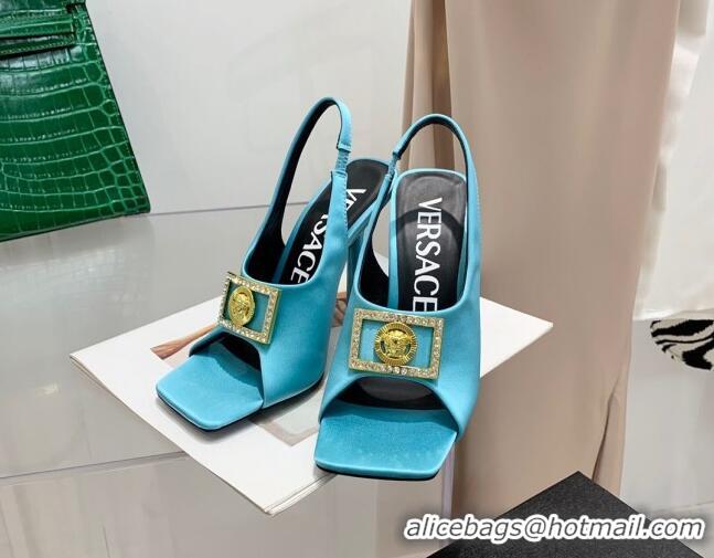 Shop Duplicate Versace Silk Open Toe Pumps 10.5cm Light Blue 042663