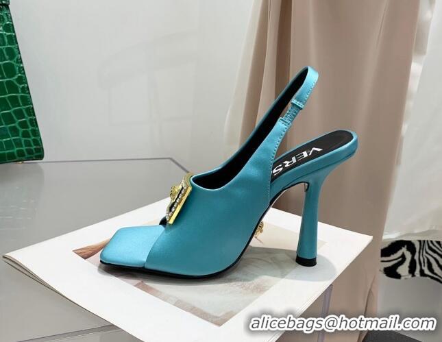 Shop Duplicate Versace Silk Open Toe Pumps 10.5cm Light Blue 042663